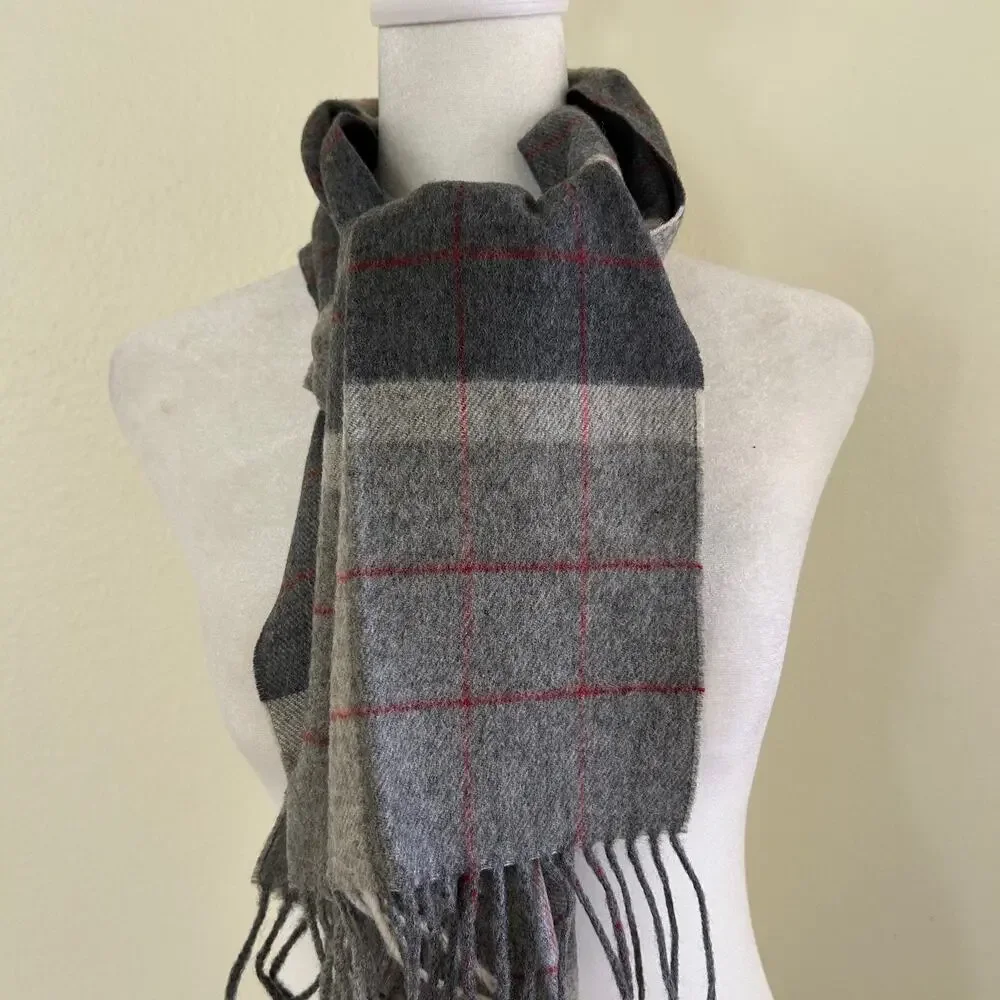 Dan Loper Beverly Hills Paid Scarf Cashmere/Wool Grey Red Germany Tassel Hem